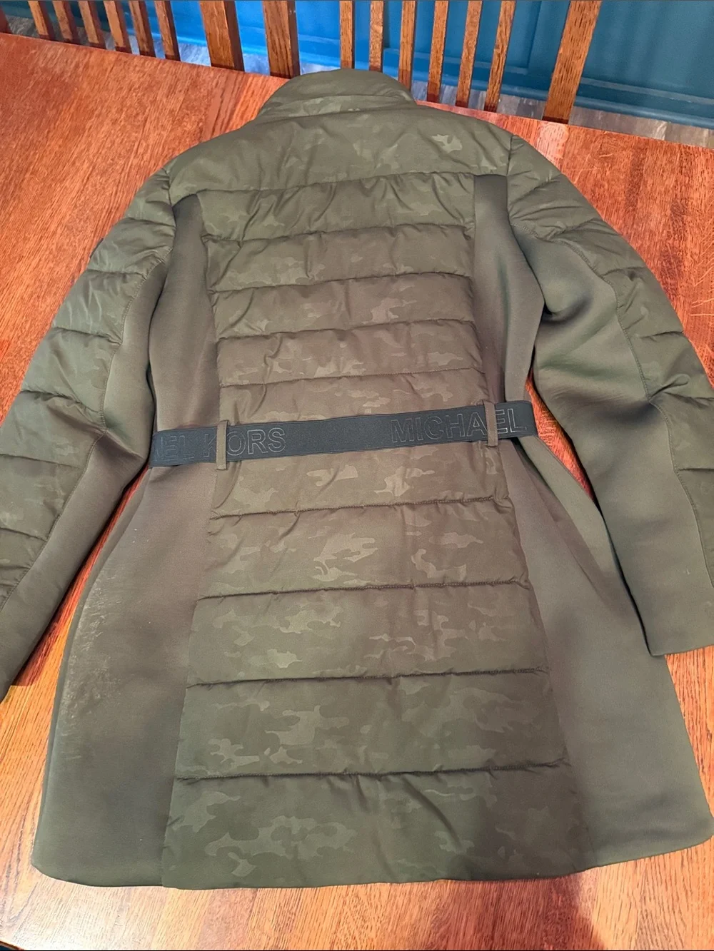 Michael Kors Olive Green Camo Quilted Belted Puffer Coat